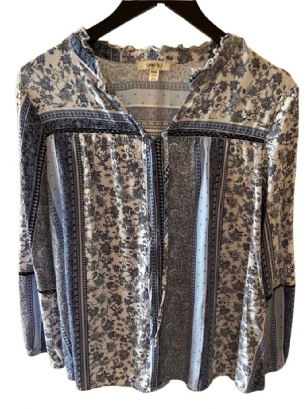 Como Blu. Medium. Blue Floral Stripe Button-Front Women’s Top